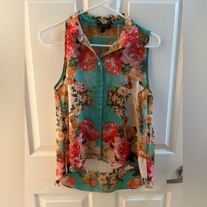 Topshop Sheer Floral Collared Sleeveless Button Down Shirt Blouse